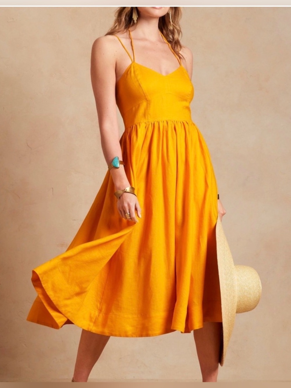 Banana Republic Linen Yellow Spaghetti-Strap Midi Dress size S